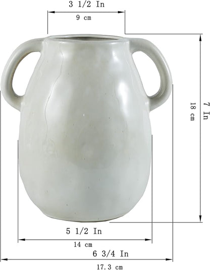 White Ceramic Vase with 2 Handles, Modern Farmhouse Decor, Rustic Terracotta Pottery, Decorative Flower Vases, Clay Small Vase, Centerpiece for Dining Table - 7 Inch Tall
