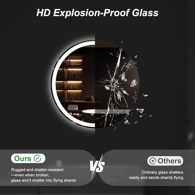 Sweetcrispy 28 Inch Round LED Bathroom Mirror with Lights, Circle Vanity Mirror with Anti-Fog, Dimmable, 3-Color Light, Memory Function, Tempered Glass