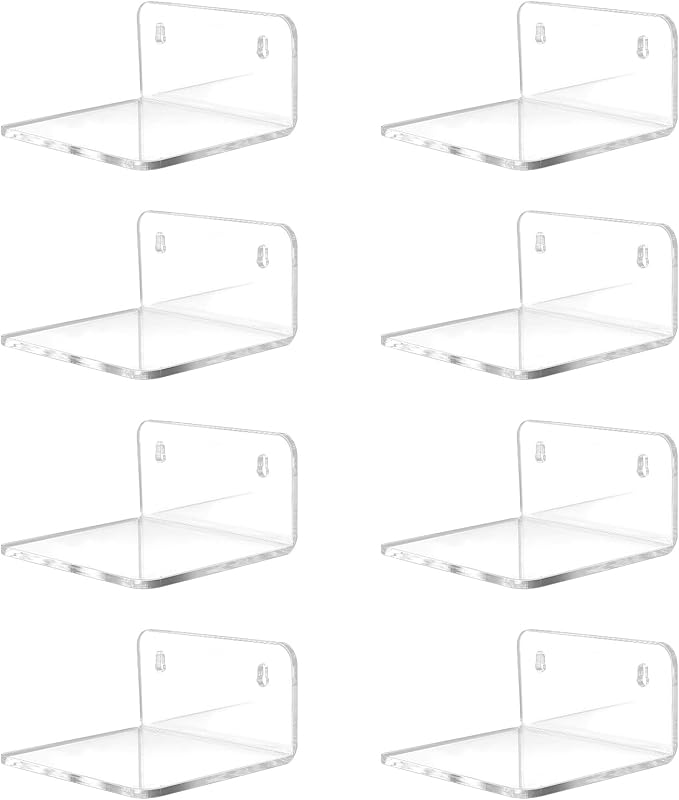 Acrylic Small Shelf,Mini Floating Wall Shelf,Wall Mounted Storage Shelf,for Pop Figures,Plant,Picture Photo Modern Wall for Office Bedroom Living Room,Clear (8 Pack)