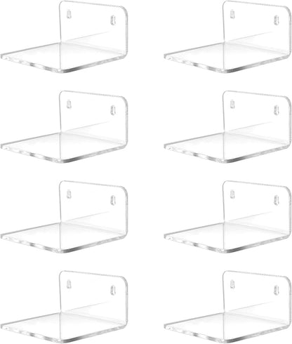 Acrylic Small Shelf,Mini Floating Wall Shelf,Wall Mounted Storage Shelf,for Pop Figures,Plant,Picture Photo Modern Wall for Office Bedroom Living Room,Clear (8 Pack)