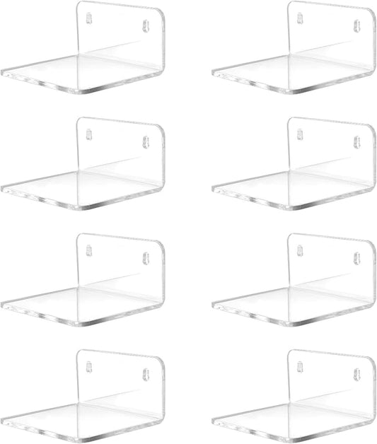 Acrylic Small Shelf,Mini Floating Wall Shelf,Wall Mounted Storage Shelf,for Pop Figures,Plant,Picture Photo Modern Wall for Office Bedroom Living Room,Clear (8 Pack)