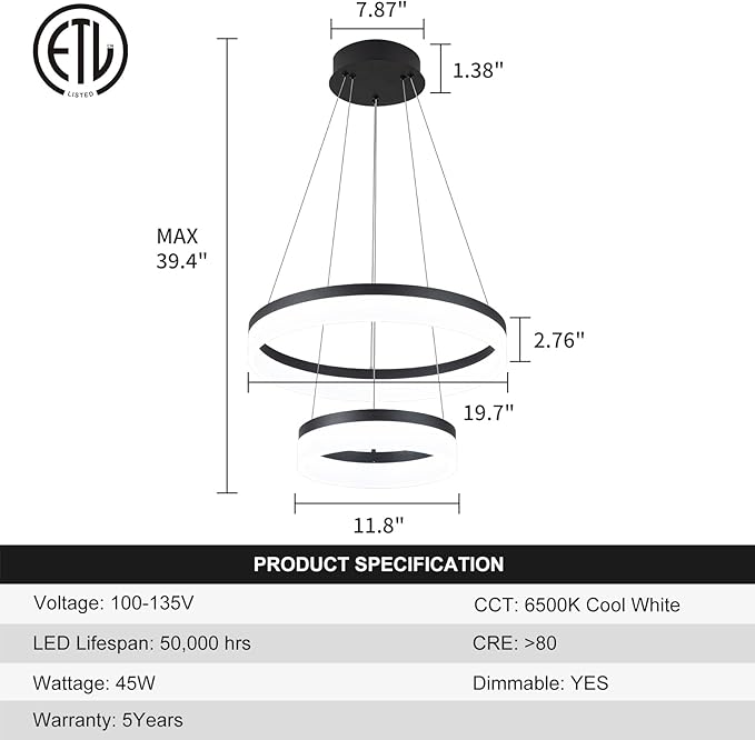 Buccleuch 2-Ring Modern LED Chandelier - Dimmable Black Round Pendant Light, Height Adjustable ETL-Certified Ceiling Light for Dining Room, Kitchen Island, Living Room, Bedroom, Foyer