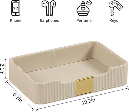 Valet Tray Desktop Storage Organizer, PU Leather Catchall Bedside Vanity Tray with Brass Accents Block Nightstand Organizer for Keys Watch Wallet Phone, Decorative Nightstand Storage (Beige)