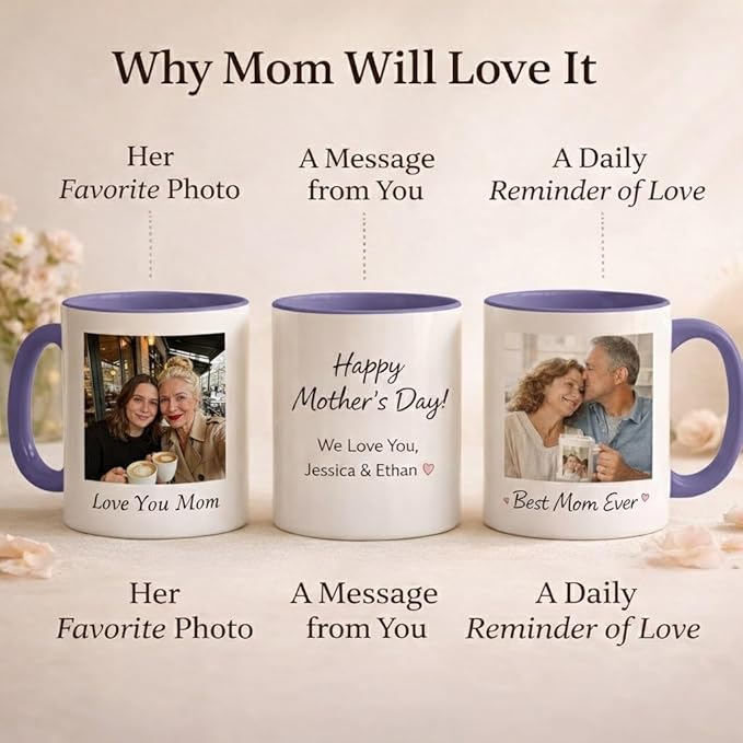 Personalized Coffee Mug Custom Photo Text Logo, Gifts for Mom from Daughter or Son, Durable Ceramic Coffee Cup for Grandma, Mothers Day Gift Idea, Best Gifts for Mom 11oz (Purple)