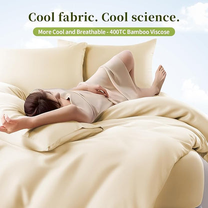Shilucheng 100% Viscose Derived from Bamboo_ Sheets King Size 4pcs - Ultra Cooling & Silky Soft Bed Sheets, 16" Deep Pocket, Perfect for Hot Sleepers, Hotel Bedding Sheets (Beige)
