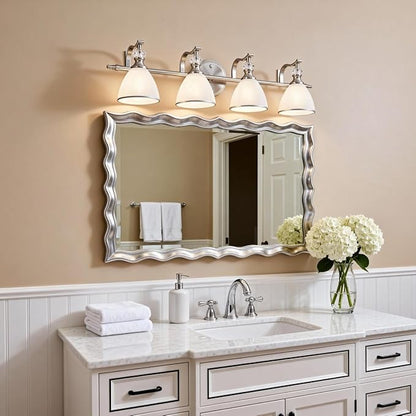 ANDY STAR Bathroom Light Fixtures Over Mirror, 4-Light Brushed Nickel Vanity Lights for Bathroom, 27.8 Inch Vintage Wall Sconce with Milk White Bell Glass Shades, Rustproof Silver Finish, E26 Base