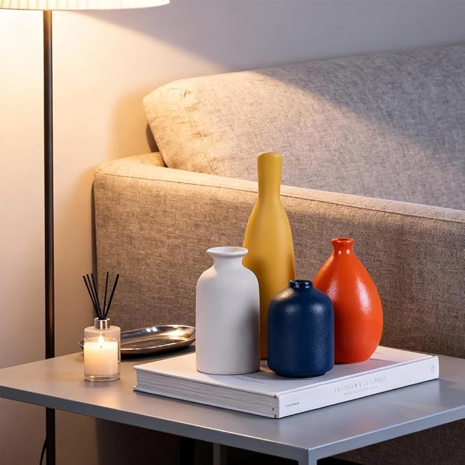 Multi-Color Ceramic Small Bud Vases Set of 4, White Yellow Orange Blue Vase, Modern Minimalism Style Vases for Rustic Home Decor, Ideal Decorative Vases for Living Room, Dining Room, Mantel, Entryway