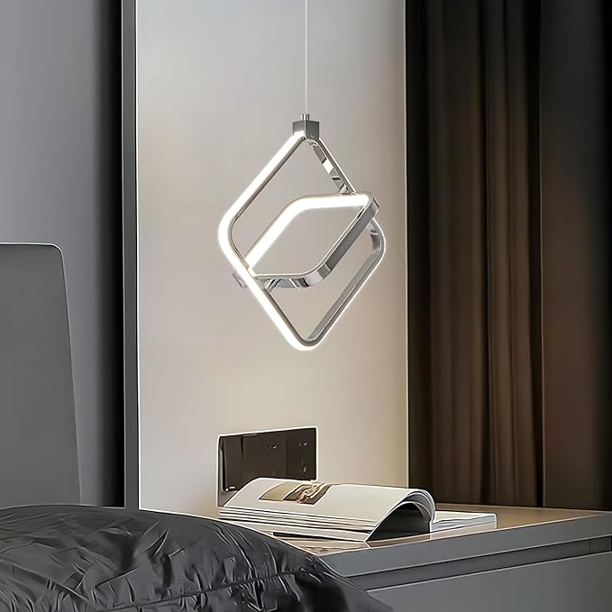 Modern LED Chandelier Chrome Rectangular Pendant Light Fixtures 4000K 20W Dimmable Height Adjustable Pendant Lighting for Dining Room Kitchen Island Bedroom Living Room Foyer（1-Pack）