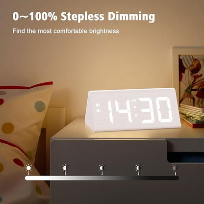 Wooden Digital Alarm Clock with Dual USB Charging Ports, DST, Dimmable, Snooze, Modern Large Time Display LED Clock for Kids Bedrooms, Living Room, Desk, Table, Bedside, Nightstand (White)