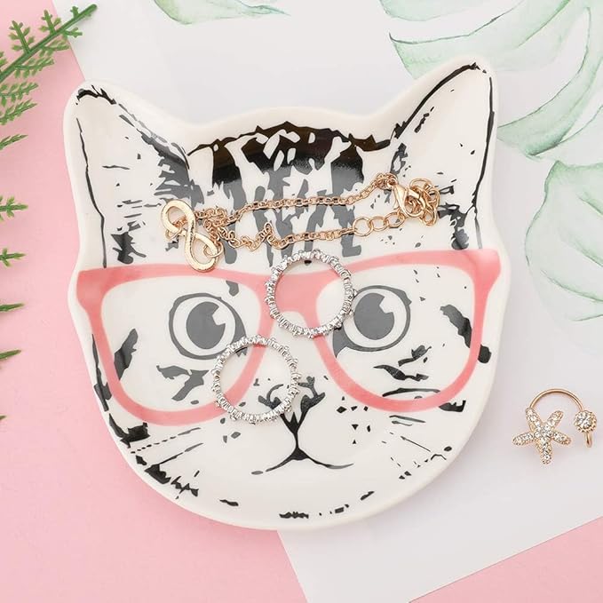 Stephanie Imports Cat with Pink Glasses Ceramic Trinket Plate and Decorative Jewelry Dish