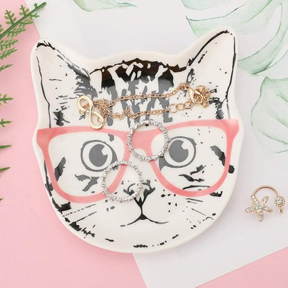 Stephanie Imports Cat with Pink Glasses Ceramic Trinket Plate and Decorative Jewelry Dish