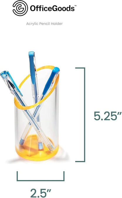 OfficeGoods Acrylic Pen & Pencil Holder - Modern Cylinder Design - Beautiful Desk Organizer for Home or Office - Contrasting Base & Rim - 5.25” H x 2.5” W - Neon Tangerine