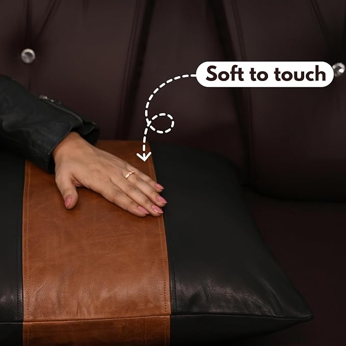 D DOLLY LAMB Lambskin Leather Pillow Cover - Sofa Cushion Case - Decorative Throw Covers for Living Room & Bedroom, 16x16 Inches - Black and Tan Crunch Plain