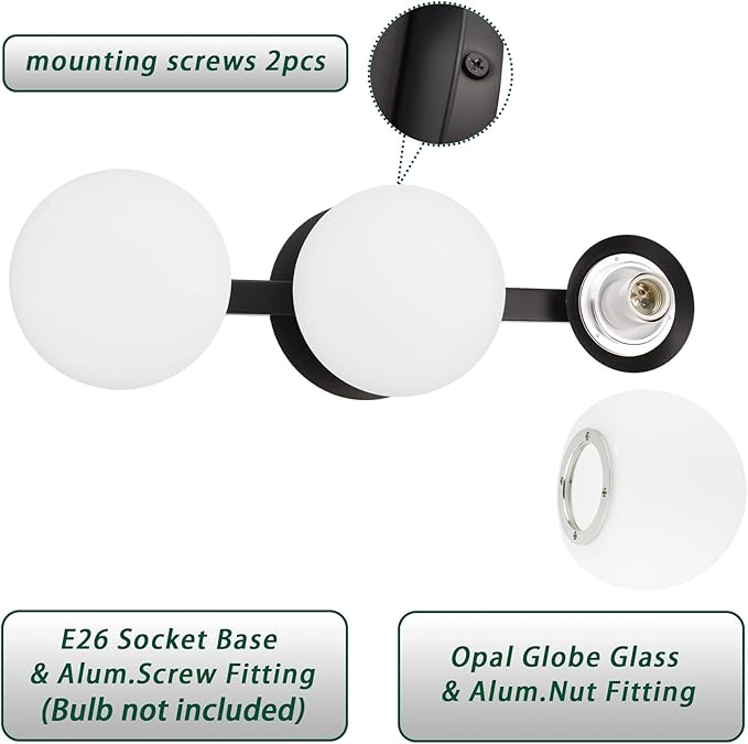 Black Bathroom Vanity Light Fixtures, Modern 3 Lights Globe Wall Sconce Lighting, Porch Wall Mount Light Fixture for Bathroom, Mirror Cabinets Hallway Stairs (Matte Black, 3-Light)