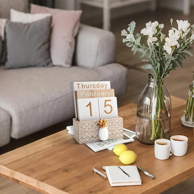 Notakia Vintage Wood Block Perpetual Calendar Month Week Date Display for Home Office Desk Rustic Decoration, Brown pineapple