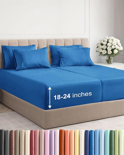 Extra Deep Split King Sheet Set - 7 Piece Breathable & Cooling Sheets - Hotel Luxury Bed Sheets Set - Easy Fit - Soft, Wrinkle Free & Comfy Sheets Set - Royal Blue Sheet Set with Extra Deep Pockets