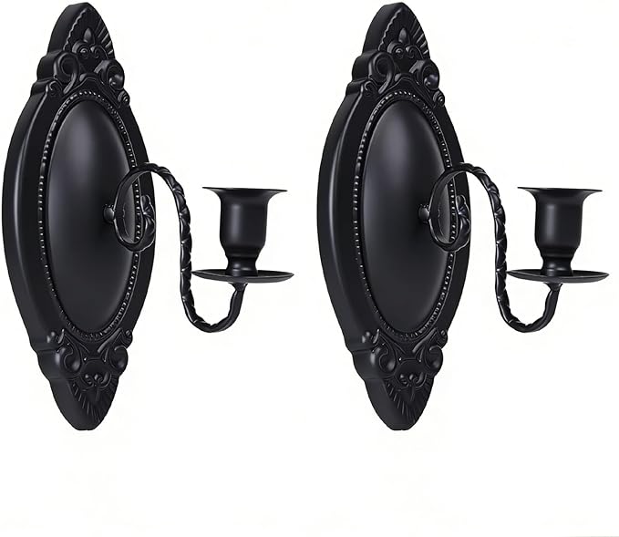 Black Candle Sconces Set of Two, Victorian Decor Royal Wall Sconce, Metal Rustic Candle Holder Baroque Home Wall Decor for Living Room, Dining Room, Bedroom, Fireplace, Hallway, Window