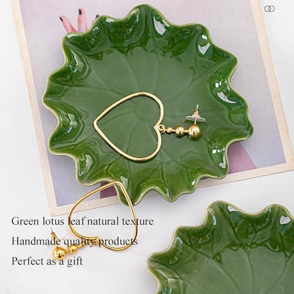 Ceramic Jewelry Tray, Decorative Trinket Dish for Rings Earrings Necklaces Bracelet Watch Keys, Birthday Mother's Day Christmas Thanksgiving Gift for Women, 4.7", Green Lotus Leaves