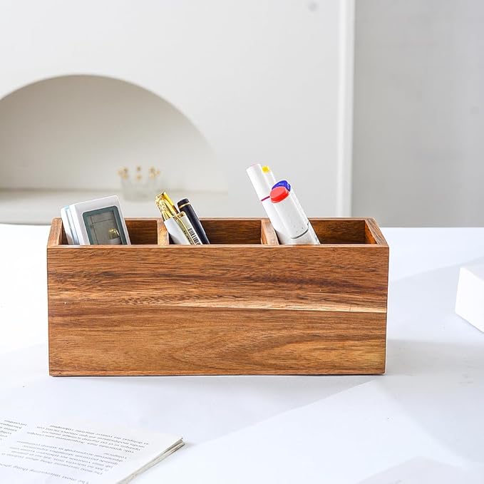 Wood Pens Pencils Holder Cup for Desk Remote Control Holder, Caddy, Organizer, Desktop Storage with 3 Compartments, Makeup Brush Holder, Silverware Caddy for Party, Office Supplies (Acacia)