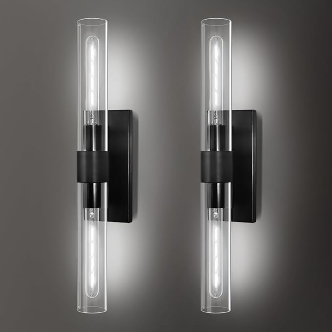 Black Wall Sconces Set of 2, Hardwired Bathroom Vanity Light Fixture, 22.8" Brass Sconce Wall Lighting, Modern Wall Light Set of Two, Cylinder Lamp for Bedroom Living Room Mirror Hallway