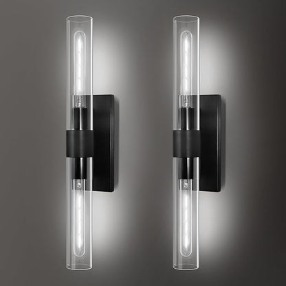 Black Wall Sconces Set of 2, Hardwired Bathroom Vanity Light Fixture, 22.8" Brass Sconce Wall Lighting, Modern Wall Light Set of Two, Cylinder Lamp for Bedroom Living Room Mirror Hallway
