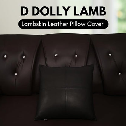 D DOLLY LAMB Lambskin Leather Pillow Cover - Sofa Cushion Case - Decorative Throw Covers for Living Room & Bedroom, 14x14 Inches - Black (02) Pack of 2