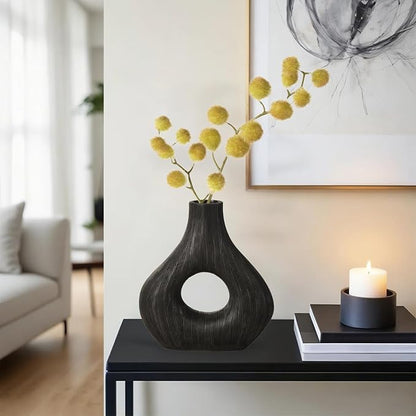 Torre & Tagus Black Donut Vase for Flowers - 9 Inch Tall Textured Vases for Centerpieces, Sculptures Home Decor & Abstract Sculptures Home Decor for Shelf Decor Aesthetic (Alma Black Flower Vase)