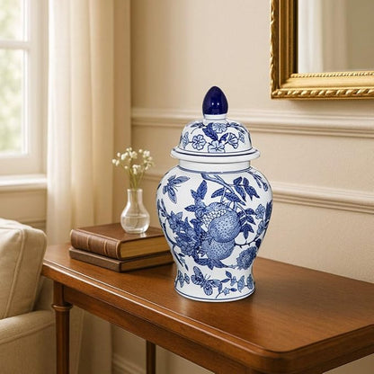 Blue and White Vase Ginger Jar - 12" Chinoiserie Decor Large Ginger Jar Blue & White Porcelain Flower Ceramic Covered Jars with Lid Chinoiserie Decorative Vase for Home Room Office Centerpieces