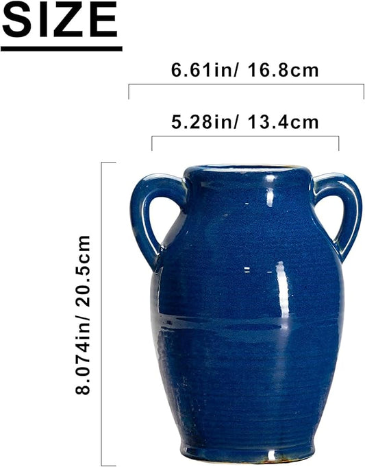 Sunddo Blue Ceramic Vase for Pampas Grass, 8 Inch Modern Decorative Vase with 2 Handles, Blue Centerpiece for Living Room Dining Entryway Living Table Farmhouse Office Decor