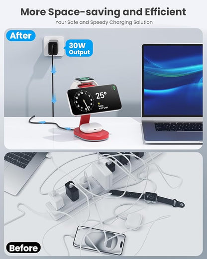 3 in 1 Wireless Charger Charging Station for iPhone,Qi2 Certified 15W Magnetic Charging Stand for Mag-Safe with 30W USB C Adapter&Friendly Night Light for iPhone 16/15/14/13/12,Apple Watch,AirPods