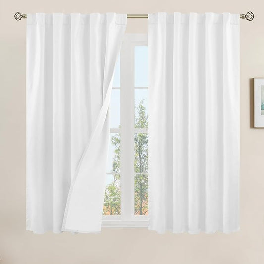 LAMIT 100% Blackout Short Linen Curtains, 48 Inch Length Linen Textured Thermal Curtains Back Tab and Rod Pocket Neutral Panels with White Liner for Small Window, 2 Panels, 42 x 48 Inch, White