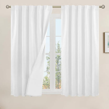 LAMIT 100% Blackout Linen Curtains, 45 Inches Linen Textured Thermal Bedroom Curtains Back Tab and Rod Pocket Neutral Panels with White Liner for Farmhouse, 2 Panels, 42 x 45 Inch, White