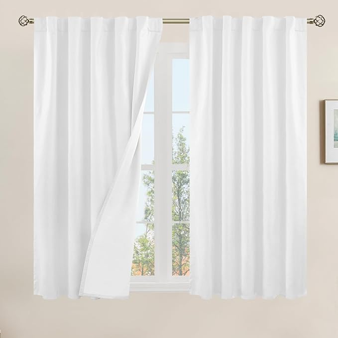 LAMIT 100% Blackout Linen Curtains 54 Inch Length, Linen Textured Thermal Curtains Back Tab and Rod Pocket Neutral Panels with White Liner for Small Window, 2 Panels, 42 x 54 Inch, White