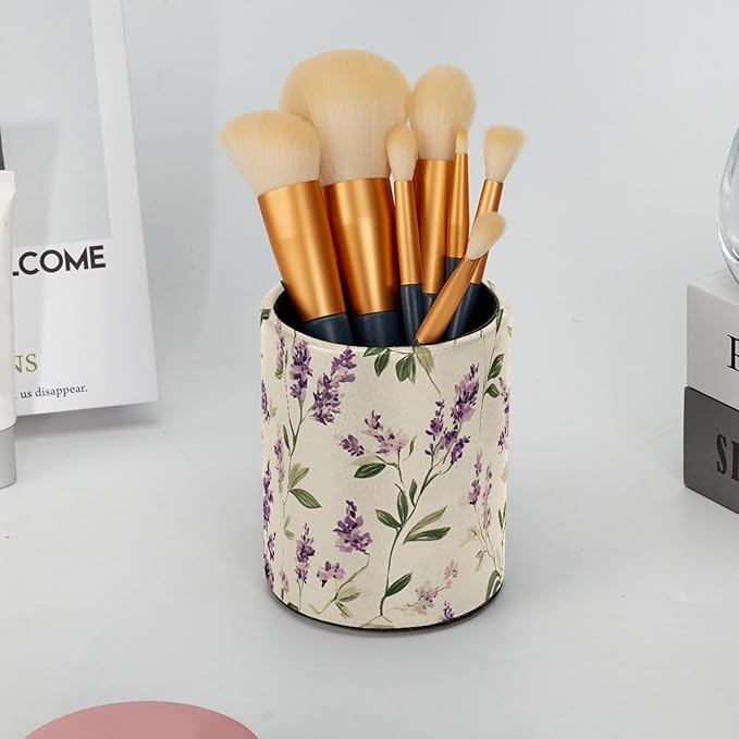 Round Pen Holder for Desk, Leather Pen Pencil Cup, Decorative Desk Stationery Supplies Organizer for Home Office Classroom, Cute Purple lavender and Sage Green Leaves on a Cream Background