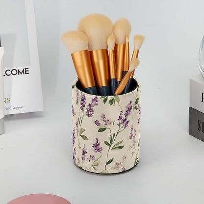 Round Pen Holder for Desk, Leather Pen Pencil Cup, Decorative Desk Stationery Supplies Organizer for Home Office Classroom, Cute Purple lavender and Sage Green Leaves on a Cream Background