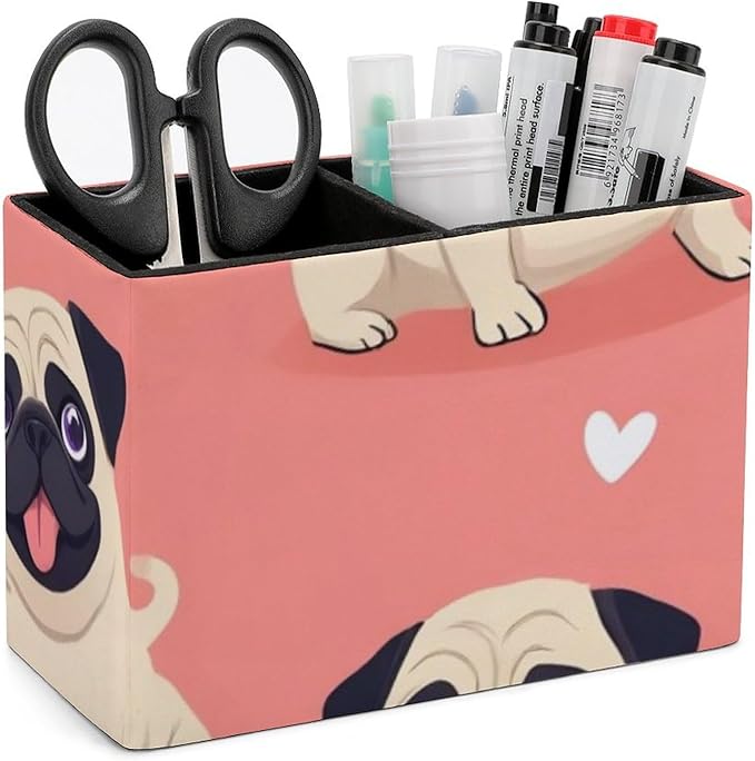 Leather Table Pen Organizer Pencil Pen Holder Office Home Desk Organize Funny Cartoon Pugs Puppy Pink
