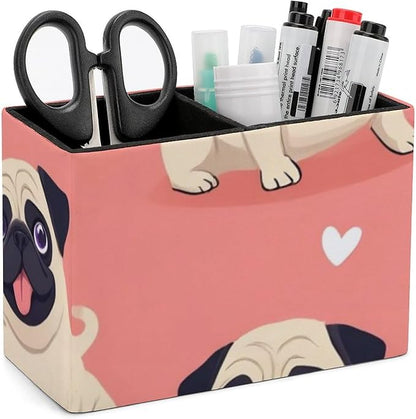 Leather Table Pen Organizer Pencil Pen Holder Office Home Desk Organize Funny Cartoon Pugs Puppy Pink