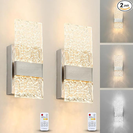Modern Brushed Nickel Battery Operated Wall Sconces Set of 2 - Rechargeable LED Wall Sconce Lighting with Acrylic Shade, Wireless Bedroom/Living Room Art Deco Light Fixtures