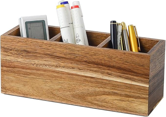 Wood Pens Pencils Holder Cup for Desk Remote Control Holder, Caddy, Organizer, Desktop Storage with 3 Compartments, Makeup Brush Holder, Silverware Caddy for Party, Office Supplies (Acacia)