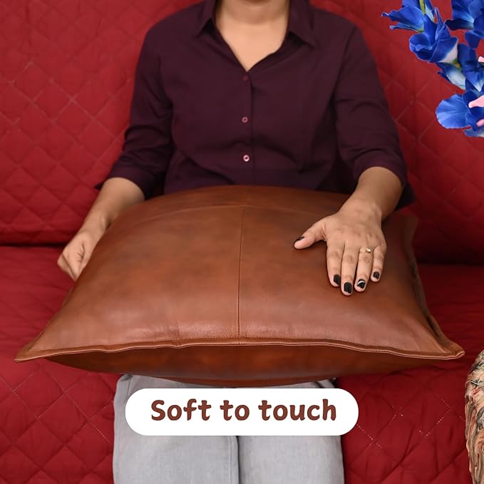 Lambskin Leather Pillow Cover - Sofa Cushion Case - Decorative Throw Covers for Living Room & Bedroom, 22x22 Inches - Dark Tan Box Pack of 1