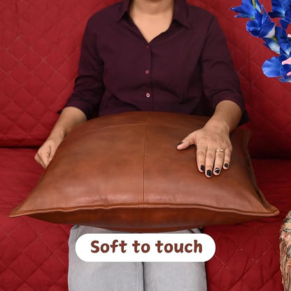 Lambskin Leather Pillow Cover - Sofa Cushion Case - Decorative Throw Covers for Living Room & Bedroom, 14x14 Inches - Dark Tan Box Pack of 1