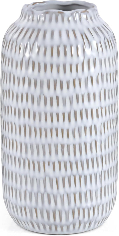Ceramic Vase for Flowers – Modern Small Ribbed Textured Flower Vase for Home Decor, Pampas Grass, Decorative, Farmhouse, Coffee Table, Kitchen Centerpieces, Bookshelf and Home Living (Glaze White)