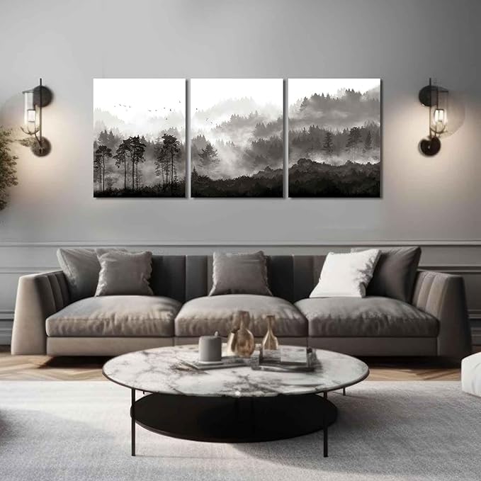 YJYart Bathroom Art Wall Decor Misty Forest Pictures Home Wall Decor for Bedroom Kitchen Office Modern Artwork 12"x 16" x 3 Piece