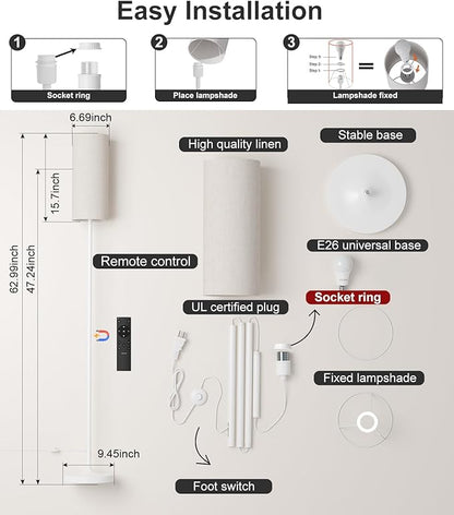 luckystyle LED Floor Lamp for Living Room, Dimmable Standing Lamps with Foot Switch,Remote Custom Color Temperature White Pole Lamp with Lampshade,12W Led Bulb Tall Lamps for Bedroom Office Kid Room