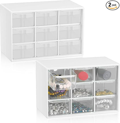 Wenqik 2 Pcs Mini Storage Drawers Teacher Toolbox Organizer with 9 Clear Drawers Small Plastic Desktop Teacher Desk Craft Organizer for Classroom Office 7" x 3. 9" x 4. 7"(White)