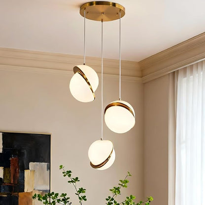 Modern 3-Light Magic Bean Spherical Pendant Light, Gold Chandelier Ceiling Light with Milky White Acrylic Lampshade, Adjustable Nordic Style Hanging Lamp for Corridor Living Room Dining Room