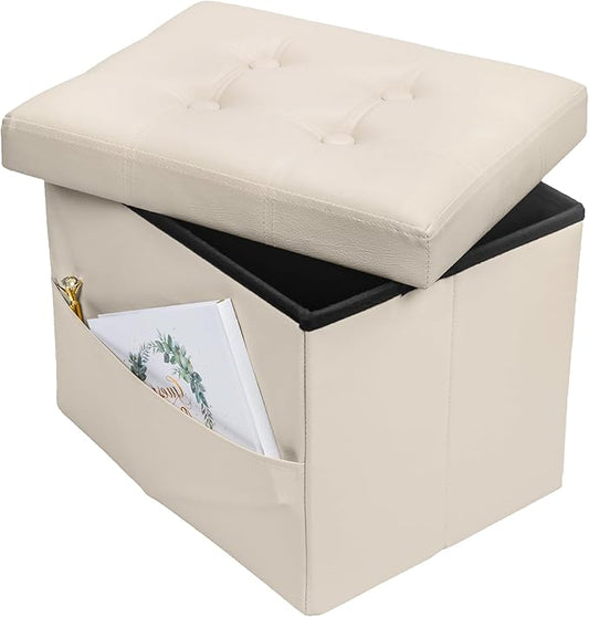 Storage Ottoman Foot Rest Stool, Small Leather Storage Ottomans Bench, Folding Footstool with Side Pockets, Foot Rest Under Desk for Living Room Bedroom, 16x12x12 in, Beige