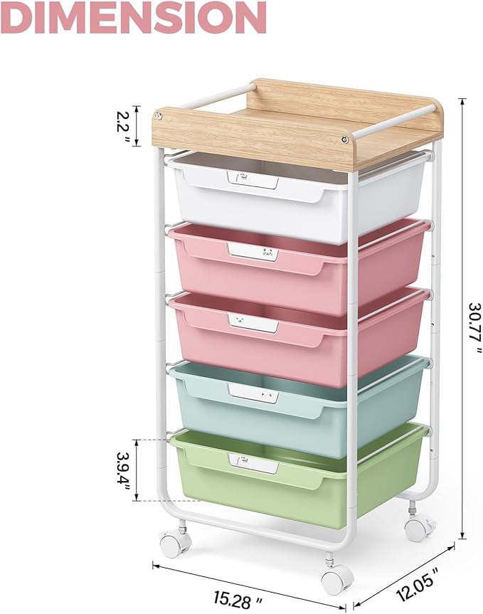 Rolling Storage Utility Cart With 5 Drawers,Craft Cart with Wheels,Makeup Organizer,Art Supply And Storage Wooden Tabletop,Rainbow