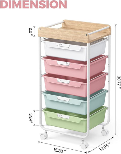 Rolling Storage Utility Cart With 5 Drawers,Craft Cart with Wheels,Makeup Organizer,Art Supply And Storage Wooden Tabletop,Rainbow