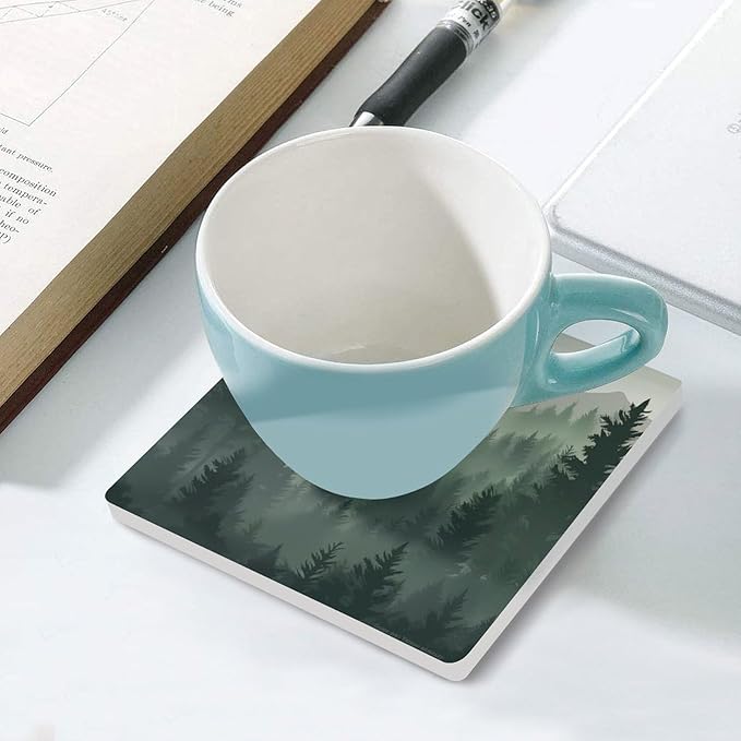 Forest Drink Coasters,Square Ceramic Drink Coaster 6PCS, Watercolor Green Forest Flying Birds Nature Mountain Tree Woodland Decor Absorbent Ceramic Coasters for Beverage Cup, Bar, Coffee Table